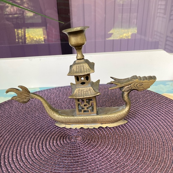 Vintage brass Dragon Boat candle holder